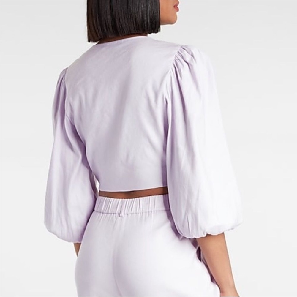 NWT EXPRESS Lavender Puff Sleeve Tie-Front Crop Top XXS - Picture 4 of 6